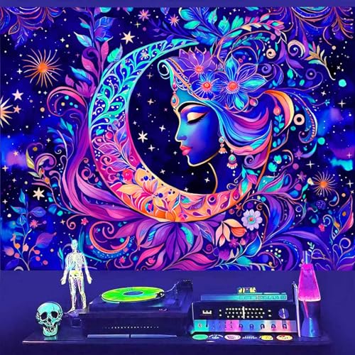 TUGCAY Blacklight Moon and Star Tapestry, UV Reactive Elegant Goddess Mandala Moon Sun Tapestry Starry Night Tapestries Wall Hanging for Bedroom Dorm Decor(51.2 x 59.1 Inches)
