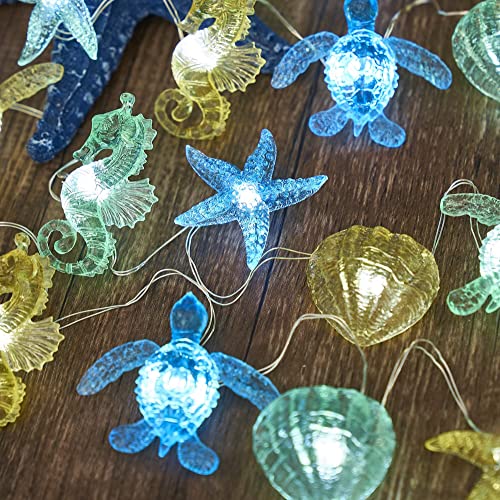 Nautical Theme Ocean Décor Beach Decorative String Lights Outdoor Seahorse Sea Turtle Starfish Shell Cute Marine Life Novelty Night Lights 30LED 10ft Battery Operated