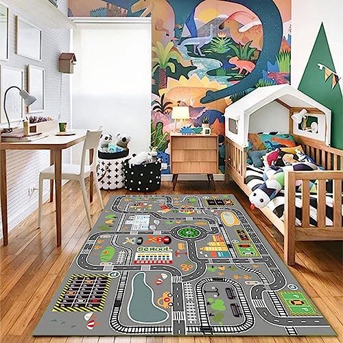 Car Rug Play Mat Great for Playing with Cars and Toys, Kid Playroom Carpet with Rubber Backing, Game Area for Baby Toddler Kid Child Educational Learn Road Traffic in Bedroom, Classroom