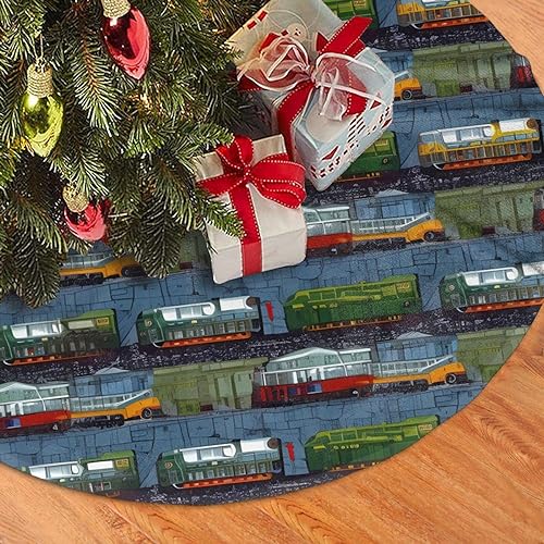 Train Cars Print Christmas Tree Skirt Plush Soft Xmas Tree Mat Christmas Decoration for New Year Holiday Xmas 30"