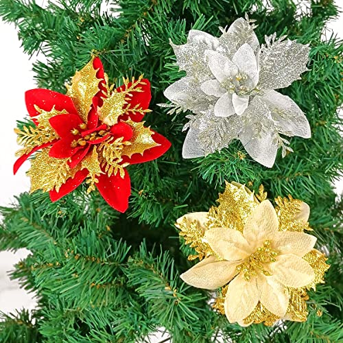 Pack of 12 Silver 5 Inch Glitter Flower Shape Christmas Hanging Ornaments Party Decorating Supplies