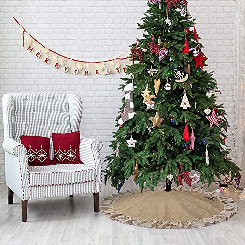 Spring Summer Burlap Tree Skirt with Ruffle Border, 48 inch Linen Rustic Farmhouse Tree Decorations Ornaments for All Season Thanksgiving Christmas Holiday Party Decor