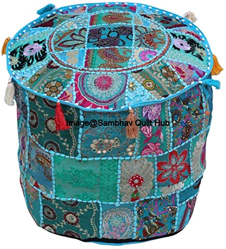IIndian Round Patchwork Embroidered Ottoman Pouf Bohemian Indian Decorative Patchwork Ottoman Pouf, Handmade Ottomen,Cotton Chair Cover,Home Living Room Vintage Pouf (18X13 inch)