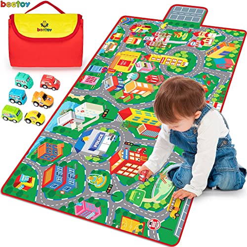 beetoy Car Rug, 31.5"X67" Play Mat with Roads for Kids | Portable, Anti-Slip, Educational City Life Traffic Carpet, For 6 Toy Cars