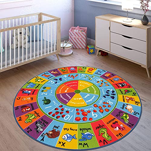 HEBE Kids Play Rug 4ft ABC Alphabet Numbers Shapes Educational Kid Area Rug Washable Baby Crawling Mat Non Slip Kid Play Mat Carpet for Girl Boy Bedroom Playroom