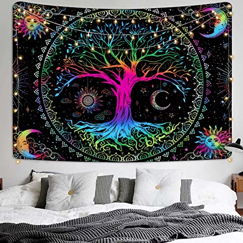 Kanuyee Tree of Life Wall Tapestry - Yin and Yang Sun Moon Star Galaxy Mandala - Black Aesthetic for Room Decor (35''H 47''W)