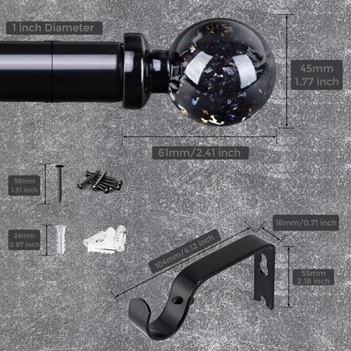 Black Curtain Rods for Windows 28 to 48 Inch, 1'' Heavy Duty Adjustable Drapery Rod with Unique Crystal Ball Finials, Modern Decorative Curtain Rod,Size; 30-60''