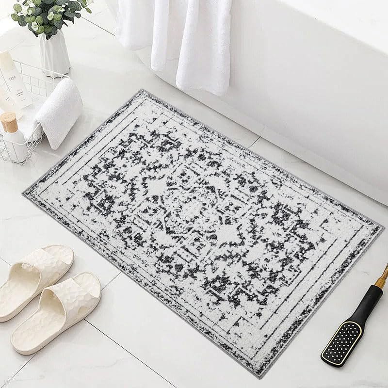 Vintage Runner Rug Non Slip for Hallway Bathroom Kitchen 2x3 ft, Ultra Soft Boho Carpet Runner with Low Pile Design Machine Washable Runner Rugs for Entryway Laundry Living Room (Black, 2'x3')