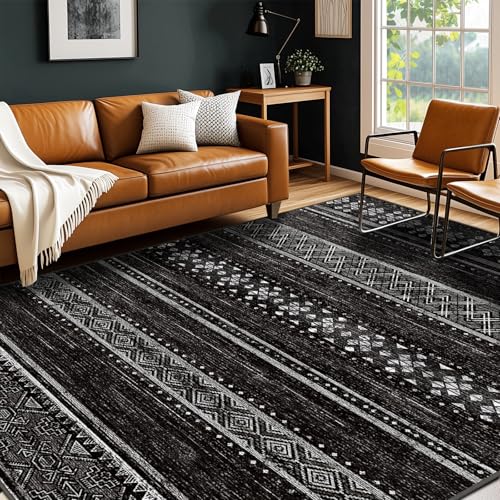 BESTSWEETIE 8x10 Area Rugs for Living Room Washable Moroccan Farmhouse Neutral Geometric Low Pile Non-Slip Soft Print Pattern Rug for Bedroom Kitchen Dining Room Entryway Black/White