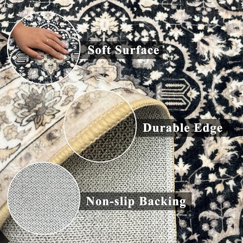 Small Washable Runner Rugs for Entryway: Kitchen Mats Vintage Throw Carpet 2x4 Black Beige - Non-Slip Stain and Water Resistant Soft Low-Pile Thin Rug for Hallway Bathroom Bedroom