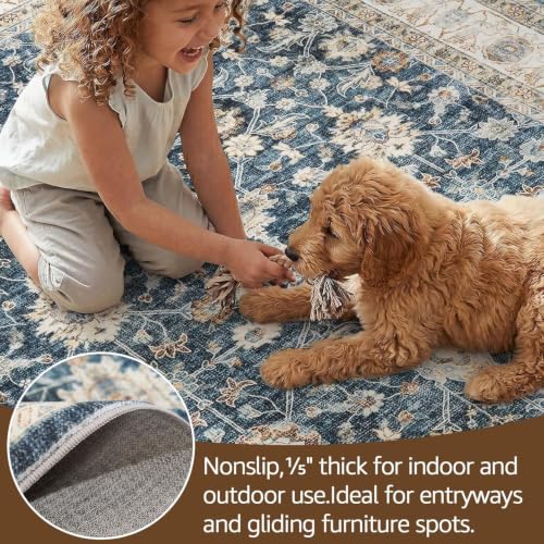 JINCHAN 6x9 Vintage Floral Area Rug, Washable Non Slip, Blue Beige