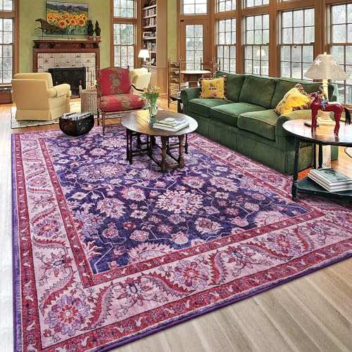 Purple Area Rugs for Living Room, Washable 5x7 Area Rug for Bedroom, Retro Floral Carpet with Non-Slip Rubber Backing for Girls's Beside Dorm Home Office Dining Room Kitchen, Blue and Purple