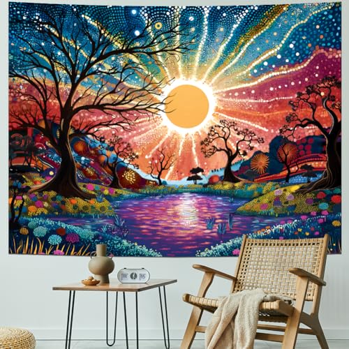 Serborlur Tree of Life Tapestry Trippy Sun Forest Tapestries Colorful Starry Sky Tapestries Hippie Nature Landscape Tapestry Wall Hanging for Living Room Bedroom (39.4" x 52.4")