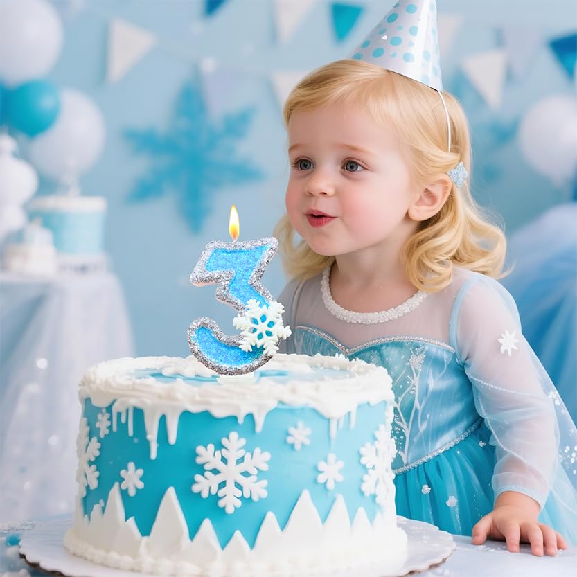 Birthday Number Candles for Cake, Blue Frozen Number 3 Candle, 3rd Frozen Cake Topper, Fun Glitter Birthday Candles Cupcake Topper for Party Anniversary Decorations