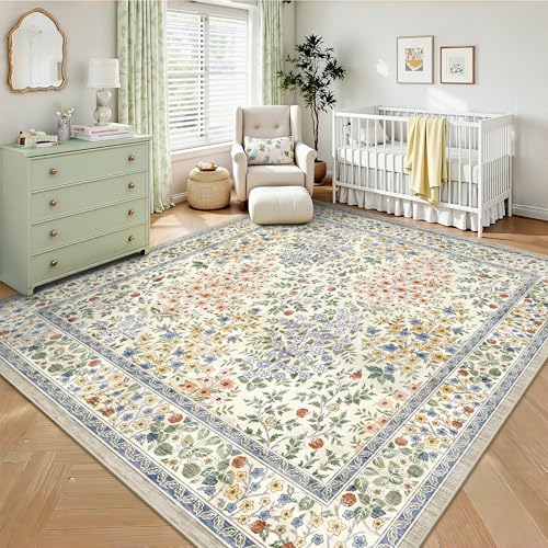 6x6 Square Area Rugs, Machine Washable Low Pile Floral Rugs for Living Room, Bedroom, Large Boho Area Rug with Non-Slip Backing for Dining Room(Beige Floral)