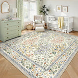 6x6 Square Area Rugs, Machine Washable Low Pile Floral Rugs for Living Room, Bedroom, Large Boho Area Rug with Non-Slip Backing for Dining Room(Beige Floral)