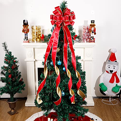 Lulu Home Christmas Tree Topper, 48" x 13" Red Large Velvet Bow with Long Streamers, Wired Edge Decorative Bow for Wreath Door Holiday Party Festival Xmas Decoration Supplies