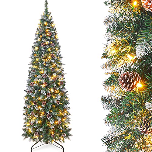 Homde Pencil Christmas Tree 6 Foot Pre-Lit Artificial Christmas Tree with Flocked Snow Pine Cone 160 Warm White Lights Holiday Decor