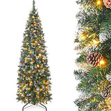 Homde Pencil Christmas Tree 6 Foot Pre-Lit Artificial Christmas Tree with Flocked Snow Pine Cone 160 Warm White Lights Holiday Decor