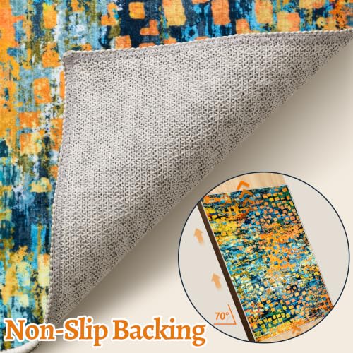 Colorful Blue Orange Abstract 2.6x10 Washable Hallway Runner Rug Non Slip