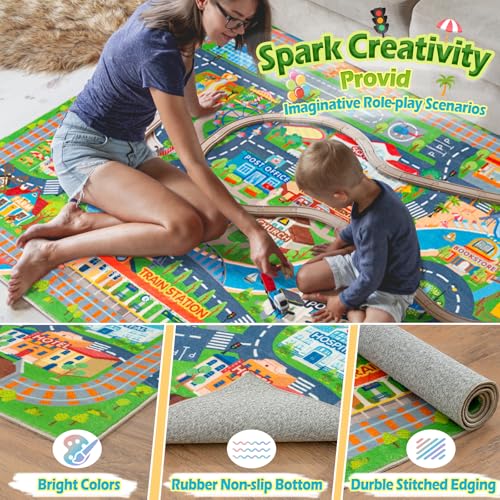 Car Rug Play Mat for Kids Toy Cars, Road Traffic Playmat for Kid Bedroom, Non-Slip Machine Washable Town City Race Track Carpet for Learn and Have Fun 3'x4'/ 36"x48"