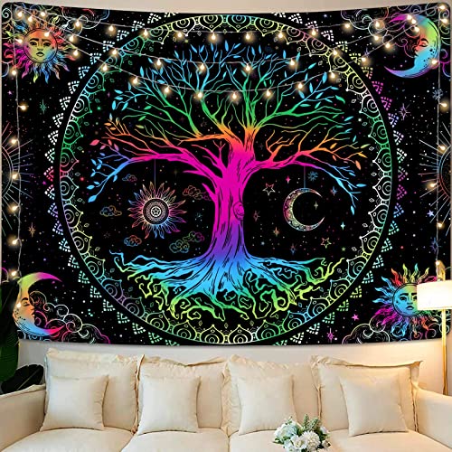 Kanuyee Tree of Life Wall Tapestry - Yin and Yang Sun Moon Star Galaxy Mandala - Black Aesthetic for Room Decor (35''H 47''W)