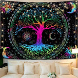Kanuyee Tree of Life Wall Tapestry - Yin and Yang Sun Moon Star Galaxy Mandala - Black Aesthetic for Room Decor (35''H 47''W)