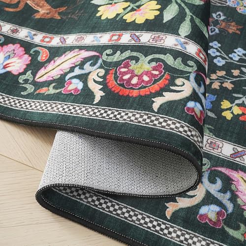 Rugcomf Runner Rug 2x6 Floral Washable Non Slip, Emerald Green