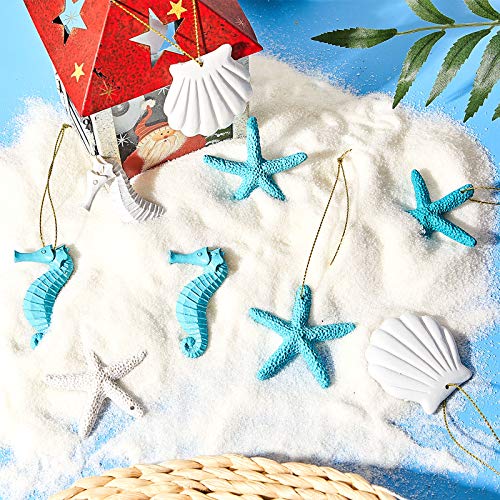 30 Pieces Beach Christmas Ornaments Bulk Tree Decorations Resin Starfish Seashells Seahorse Ocean Nautical Themed Hanging with Drilled Hole Rope for Wedding Gift Wreath Decor DIY(Blue, White)