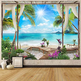 Leeisysme Beach Landscape Tapestry, Tropic Ocean Sea Island Palm Tree Seaside Tapestries for Living Room Summer Window Wall Hanging 36×48 Inch