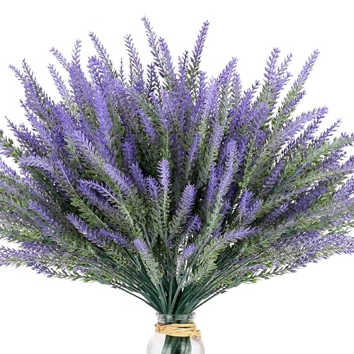 Artificial Flowers for Outdoors UV Resistant, 15 Bundles Fake Flowers Faux Plastic Plants Purple Lavender for Home Office Wedding Garden Porch Window Box Decor