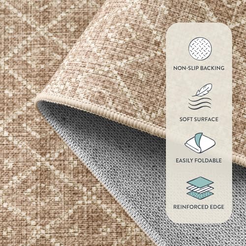 Lahome Farmhouse Washable 3x5 Entryway Rug, Non-Slip, Beige/Brown