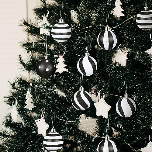 Riceshoot 24 Pcs Christmas Black and White Ball Ornaments Xmas Plastic Stripe Dot Hanging Ball for Christmas Tree Party Decoration Supplies(2.36 Inch)
