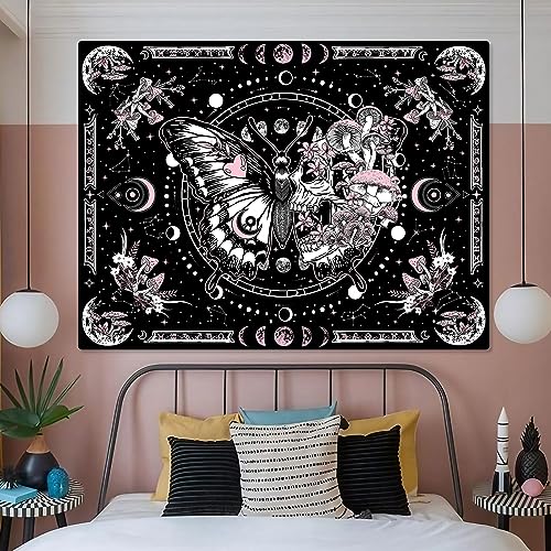 Fungarth Skeleton Butterfly Tapestry Pink Skull Hippie Mushroom Plants Tapestry for Bedroom Moon phase Aesthetic Tapestries Wall Hanging for Living Room Dorm (Pink, 48” x 36”)