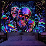 Amonercvita Blacklight Skull Tapestry Trippy Skeleton Wall Tapestries UV Reactive Neon Plants Trees Tapestries Aesthetic Galaxy Space Tapestry Wall Hanging for Bedroom Decor(W51.2×H59.1 inches)