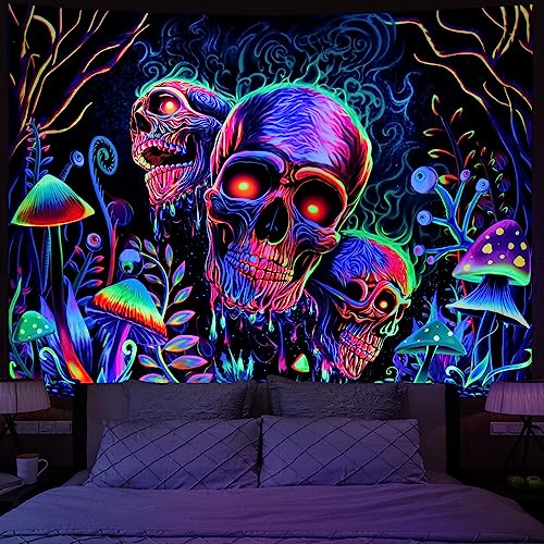Amonercvita Blacklight Skull Tapestry Trippy Skeleton Wall Tapestries UV Reactive Neon Plants Trees Tapestries Aesthetic Galaxy Space Tapestry Wall Hanging for Bedroom Decor(W51.2×H59.1 inches)