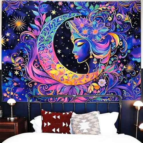 TUGCAY Blacklight Moon and Star Tapestry, UV Reactive Elegant Goddess Mandala Moon Sun Tapestry Starry Night Tapestries Wall Hanging for Bedroom Dorm Decor(51.2 x 59.1 Inches)