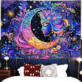 TUGCAY Blacklight Moon and Star Tapestry, UV Reactive Elegant Goddess Mandala Moon Sun Tapestry Starry Night Tapestries Wall Hanging for Bedroom Dorm Decor(51.2 x 59.1 Inches)