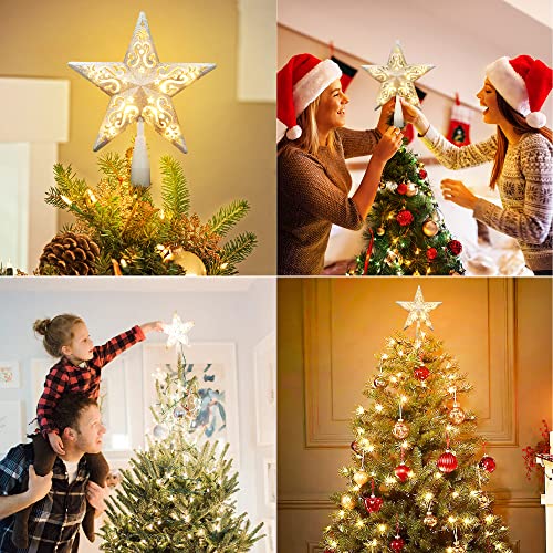 BrizLabs Lighted Christmas Star Tree Topper, 8” Silver Star Xmas Treetop with 10 Lights, UL Certified Plug-in Warm White Tree Topper for Holiday Christmas Tree Decor