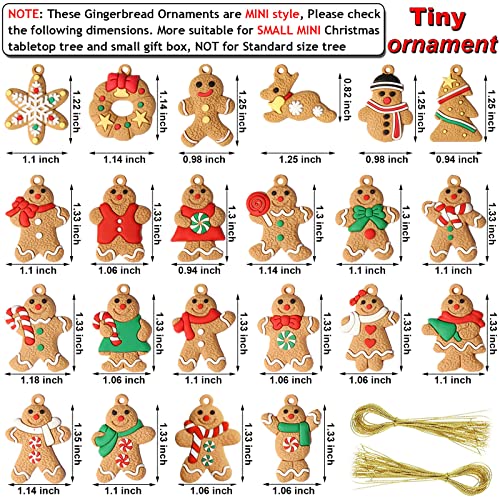 44 Pcs Mini Christmas Gingerbread Ornaments Tiny Gingerbread Man Ornaments Hanging Charms Figurine Decoration Ginger Man with Strings for Mini Christmas Tree Decorations
