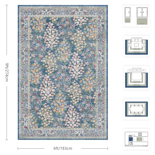 6x9 Area Rugs, Washable Floral Area Rugs for Living Room, Indoor Area Rug for Bedroom, Dining Room, Low Pile Non-Slip Non Shedding Rug(Blue Floral)