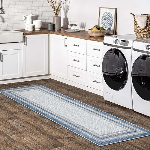Bordered Laundry Room Rug, Washable 2x6 Kitchen Runner Rug Printed Blue Carpet with Rubber Backing, Modern Runners for Hallways Non Slip Carpet for Bedroom Kitchen Bathroom