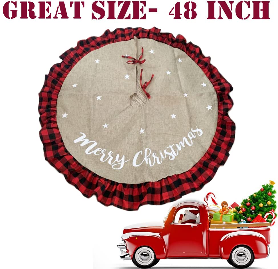 48 Inch Christmas Tree Skirt Linen Burlap Buffalo Plaid Edge Decoration for Merry Christmas Party Red and Black Buffalo Christmas Tree Skirt Decorations