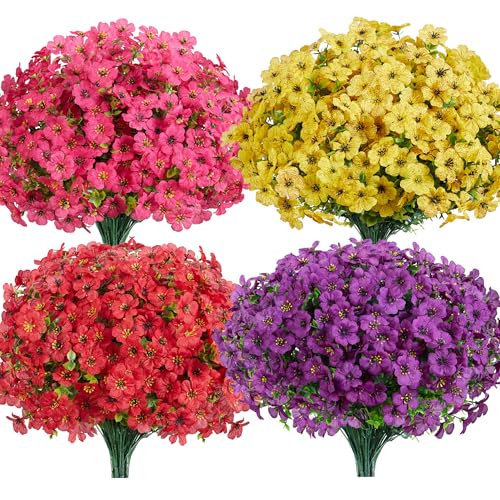 InnoGear Artificial Flowers for Outdoors, 12 Bundles UV Resistant Fake Silk Flowers for Outside Faux Spring Summer Decor Flower for Outdoor Indoor Garden Home Decoration Porch Patio (Mixed 4 Colors)