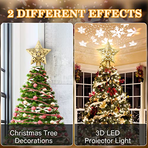 Christmas Tree Topper Projector, LED Star Tree Topper Lighted, Glitter Gold Star Topper Projector with Rotating Snowflake Projection for Indoor Christmas Tree Decor, Xmas Decorations