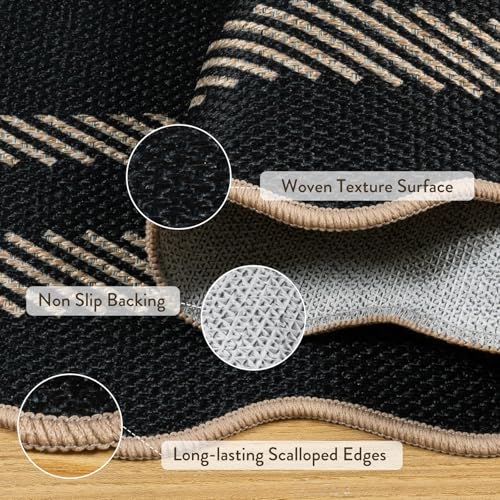 LIVEBOX Scalloped Easy Jute 3x5 Outdoor Rug, Black Washable Rugs for Entryway Kitchen, Indoor Outdoor Farmhouse Neutral Rug Modern Carpet Door Mat Area Rug for Patio Bedroom Living Room Porch Entry