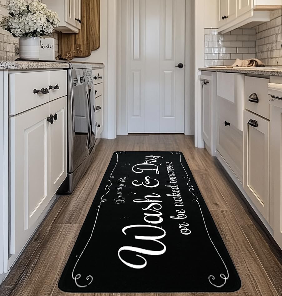 EYECY Laundry Room Rug Runner 20"x49" Non Slip TPR-Backed Rug for Kitchen, Bathroom, and Hallway - Black