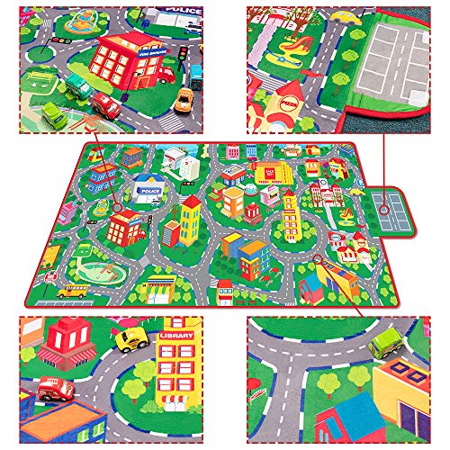 beetoy Car Rug, 31.5"X67" Play Mat with Roads for Kids | Portable, Anti-Slip, Educational City Life Traffic Carpet, For 6 Toy Cars