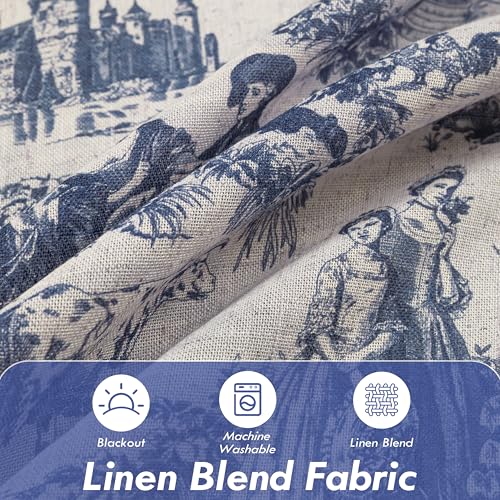 DriftAway 100% Blackout Toile Linen Curtains for Bedroom Double Layer Farmhouse French Country Vintage Printed Pattern Thermal Sound Lined Back Tab Living Room Drapes 84 inch Length 2 Panels Navy