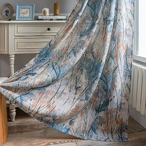 MEETSKY Blue Curtains 84 Inch Long for Living Room - Branches Pattern Printed Curtain Light Filtering Thick Linen Textured Grommet Drapes for Bedroom, 52" x 84", Blue, 2 Panels